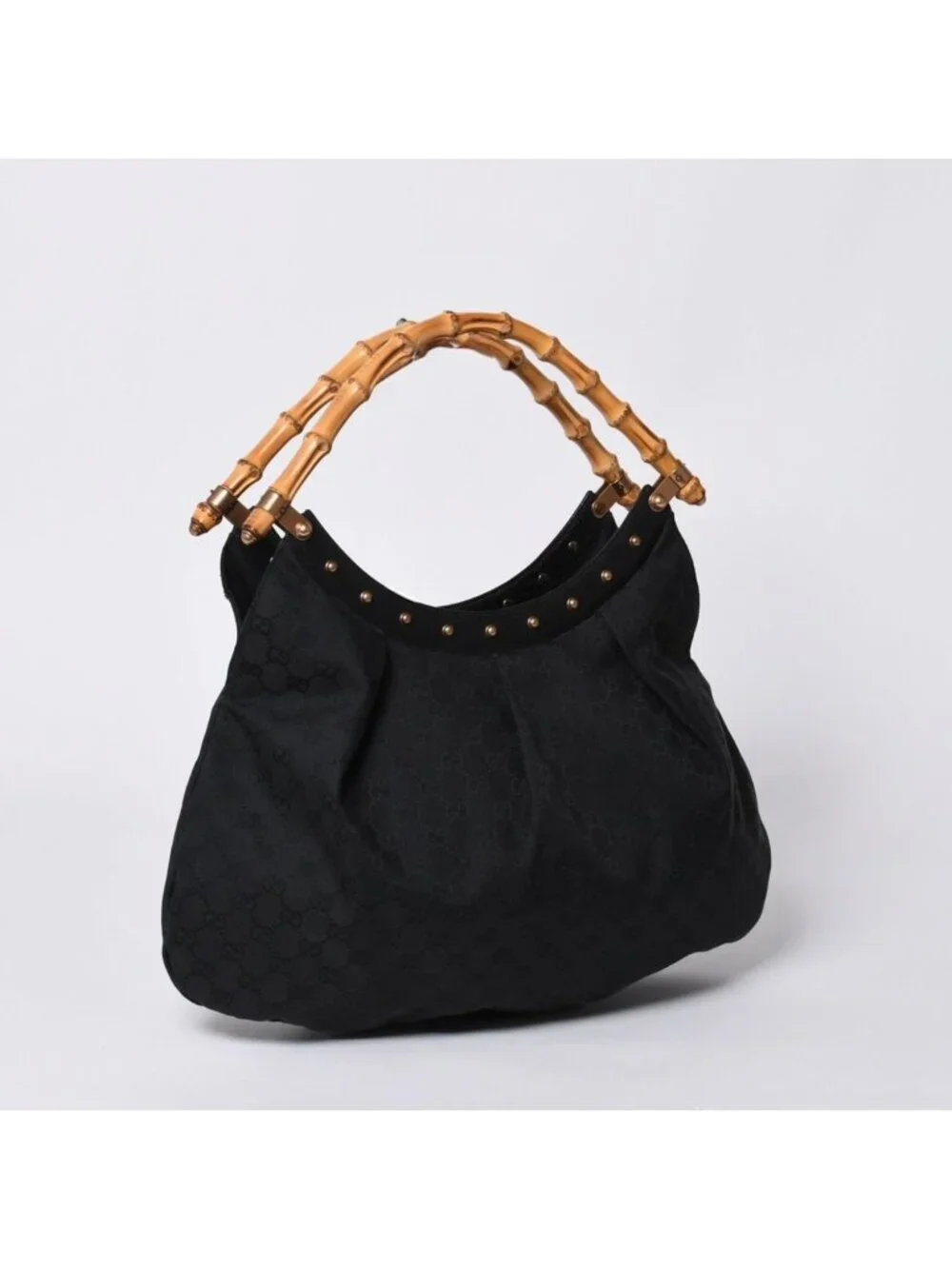 Gucci Bamboo Hand Bag Leather GG Canvas Black Brown